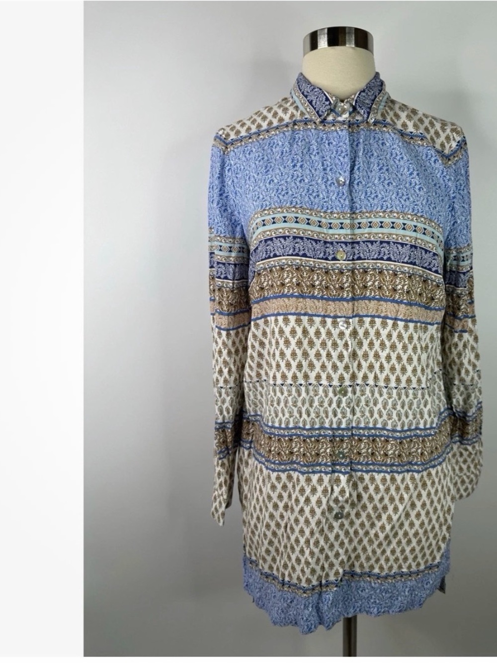 J. Jill Blue and Cream Patterned Long-Sleeve Blouse